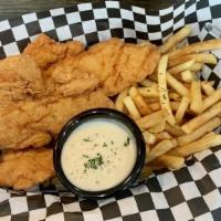Chicken Tenders & Fries · Lightly fried chicken tenders served with fries and served with ranch, bbq sauce or ketchup.