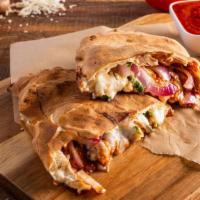 Bbq Chicken Calzone · Chicken breast, BBQ sauce, red onions and mozzarella cheese. Served with marinara sauce.