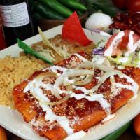 Red Enchiladas  · 2 cheese enchiladas with mexican rice ,refried peruano beans and side salad..