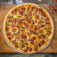 Supreme Overload Pizza · Fresh mushrooms, green peppers, red onions, pepperoni, and fresh mozzarella baked on a hand-...