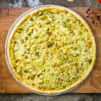 Chunky Chicken Pesto Pizza · Fresh pesto, chicken, mozzarella cheese, and parmesan baked on a hand-tossed dough