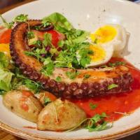 Grilled Octopus · marinated olives, 6 min egg, confit potato, tomato vinaigrette