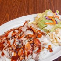Teriyaki Chicken Plate · with side salad and scoop of macaroni.