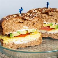 Crisp Avocado & Tomato Sandwich · Scrambled eggs, tomato, avocado, herb cream cheese on a whole wheat soft roll.