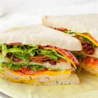 Bb'S Triple Decker · It's a turkey sandwich with a BLT on top! cheese, mayo, mustard, lettuce and tomato between ...