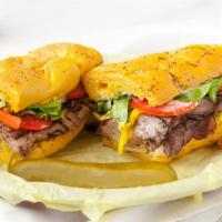 Spicy Beef · Hot roast beef with melted Swiss, pepperoncinis, lettuce, tomato, mayo, horseradish-dijon mu...
