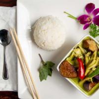 Green Curry · Bamboo shoot, red and green bell pepper, basil leaves and eggplant with coconut milk served ...