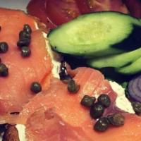 Bagel And Lox Breakfast · Atlantic smoked salmon served open face with cream cheese, tomatoes, capers, and red onions.