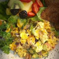 Veggie Scrambler Breakfast · Spinach, onion, bell peppers, red onions, tomatoes, zucchini, mushrooms, and cheese. Made wi...