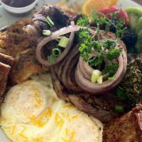 Steak And Eggs · 16oz. Rideye  Steak, with two eggs any style, served with country potatoes or fruit, and toa...