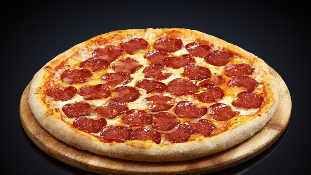 Downtown Pepperoni Pizza · Everyone's favorite, the classic crust-to-crust pepperoni pizza topped with our house-made marinara sauce and loaded with stretchy Italian cheeses on our fresh, made daily pizza crust. Baked until bubbling and golden.