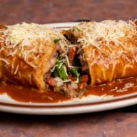 Wet Burrito Dinner · Two small burritos with choice of meat, topped with red sauce, served with rice, refried bea...