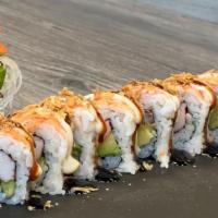 Shrimp Roll · Crab stick, avocado, topped with ebi, spicy mayo, eel sauce, fried onions.