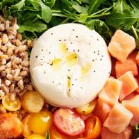 Salmone Bowl · Smoked salmon, burrata, mixed field greens, heirloom cherry tomatoes, arugula, farro, EVOO, ...