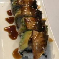 Dragon Roll · Shrimp tempura, crab salad, cucumber with grilled eel, avocado