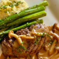 Steak 'Diane' · Filet Mignon Medallions, Japanese Mushrooms, Brandy, Dijon, Cream, Mashed Potatoes, Asparagus