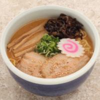 Miso Ramen · Roasted Pork, Green Onion, Mushroom, Bamboo Shoots, Fish Cake, Sesame Seeds.