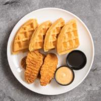 Tender & Waffle · Crisp chicken tenders, waffle, honey mustard cayenne aioli.