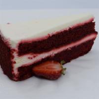 Red Velvet Cake · A red hued chocolate layer cake, filled and iced wtih a smooth cream cheese frosting, finish...