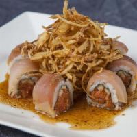 Double Albacore Roll · Albacore, spicy albacore, cucumber, fried garlic & onion, ponzu, mustard sauce.