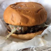 The Big Mouth Burger · 50% ground chuck 50% ground smoked brisket with grilled onions pepper jack & BBQ sauce.