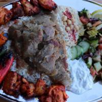 Special Plate · Chunks of chicken thigh, seasoned mix of ground meat/lamb and lamb gyro grilled on open flam...