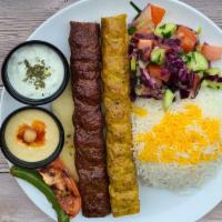 Mix Koobideh Plate · Seasoned mix of ground meat/lamb and ground chicken grilled on open flame. Comes with grille...