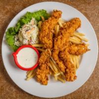Chicken Tenders Dinner · Crispy, all white meat chicken strips served with freshly made coleslaw and fries.