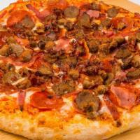 All Meat Pizza (D) · Extra thick crust dough with house marinara, mozzarella, canadian bacon, pepperoni, sausage,...