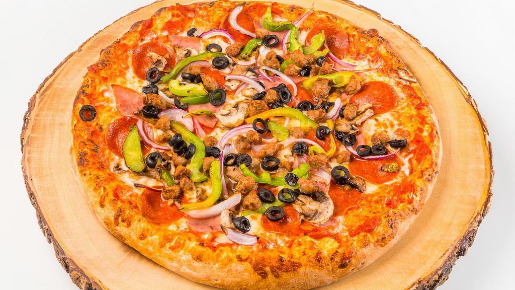 Supreme Pizza (D) · Extra thick crust dough with house marinara, mozzarella, pepperoni, sausage, canadian bacon, mushrooms, onions, bell peppers and olives.