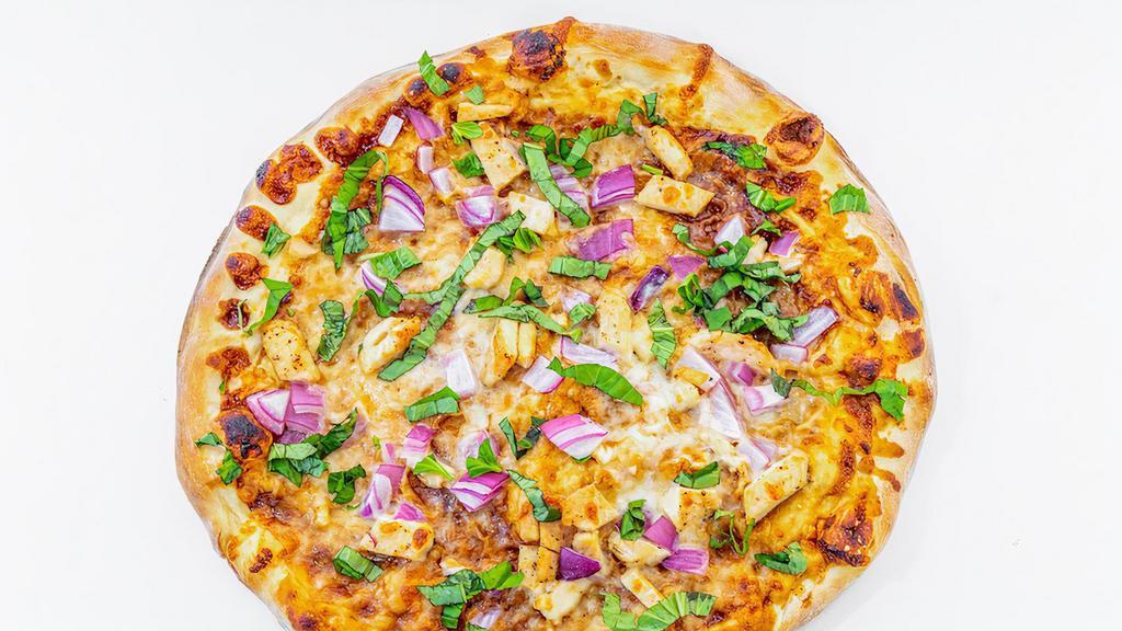 Bbq Chicken Pizza (D) · Extra thick crust dough with bbq sauce, mozzarella, chicken, red onions and cilantro.
