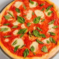 Margherita Pizza (D) · Extra thick crust dough with house marinara, mozzarella, tomato and basil.