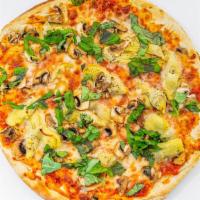 Veggie Pizza (D) · Extra thick crust dough with house marinara, mozzarella, mushrooms, bell peppers, tomato, on...