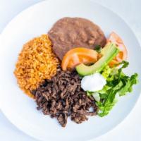Mexican Plate · Your choice of meat. Served with rice, beans. Lettuce, tomato, avocado, sour cream, and flou...