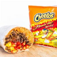 Hot Cheeto Burrito · Your choice of meat, Hot Cheetos, nacho cheese, rice, beans, onions, cilantro, and hot sauce.