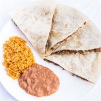 Quesadilla Combo · Served with a Side of rice and Beans. Combo includes a medium drink.