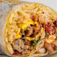Breakfast Burrito  · Your Choice of meat, eggs, potato, onions, cilantro, tomato, cheese and beans.