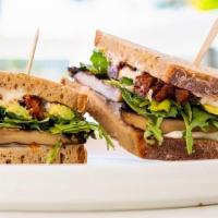 Trippin' Vegan · Roasted Portobello mushrooms + Sundried tomatoes + Garlic aioli + Arugula + Sourdough bread....