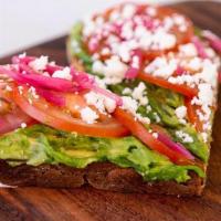 Classic Avocado Toast · Avocado + Tomatoes + Pickled Onions + Arugula + Feta + Sourdough . GF, Vegan/DF- sub Vegan M...