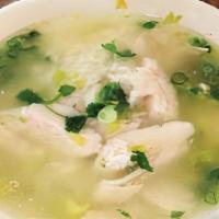 Rice Soup · Mince chicken, rice, slice ginger, cilantro, scallions, in clear broth.
