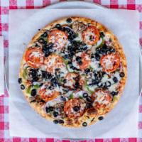 Veggie · Pizza sauce, mozzarella cheese, mushroom, onion, bell peppers, black olives, and tomato.