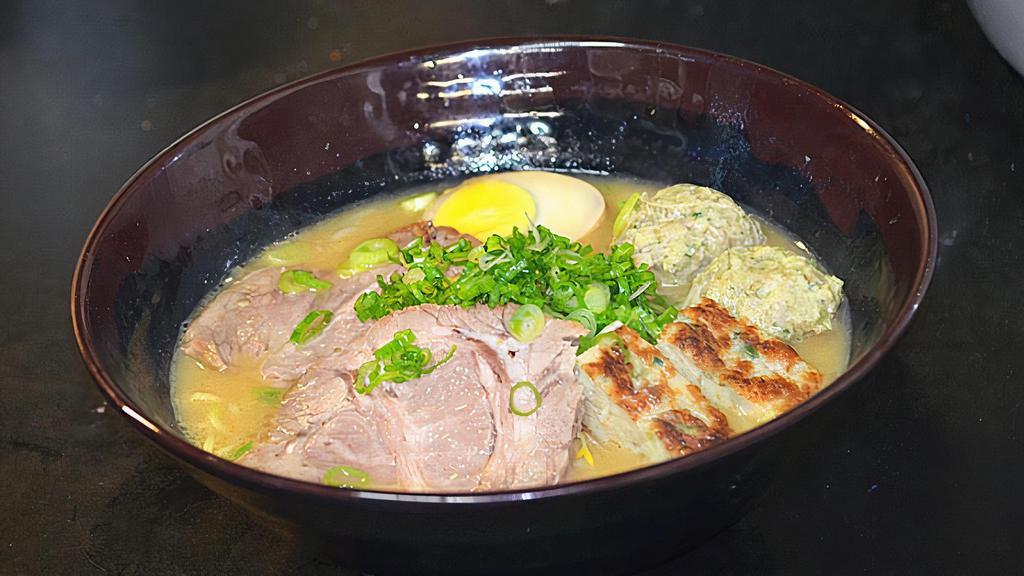 Chef'S Special Ramen · Ramen noodles with bean sprouts, home-made meatballs, fish cake, half egg, 2 slices chashu (braised pork) in shoyu (soy sauce) soup base