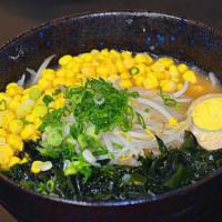 Wakame Ramen · Ramen noodles with bean sprouts, seaweed, corn, half egg, green onions in miso soup base