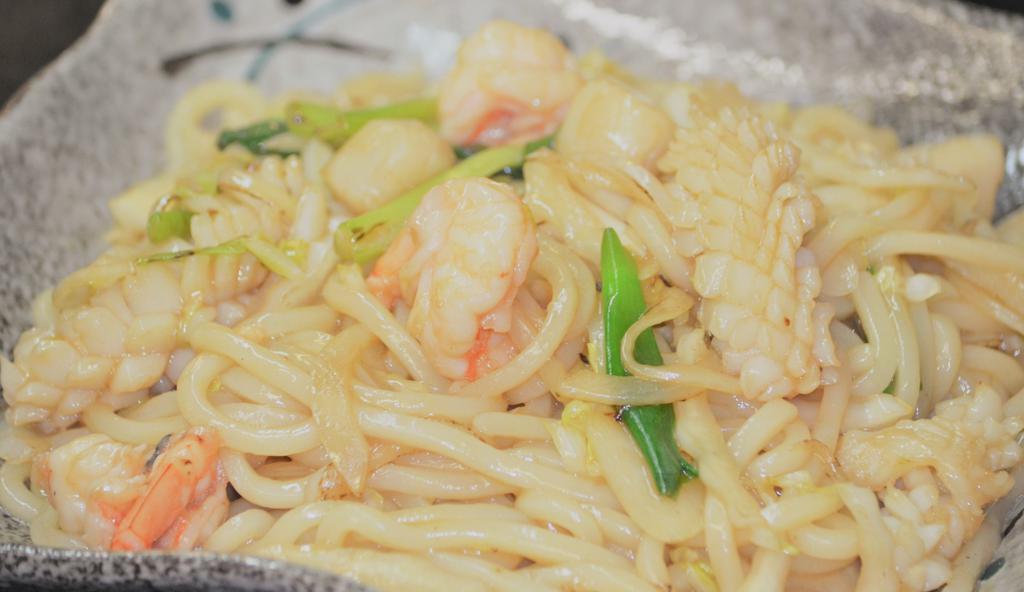 Seafood Fried Udon · Shrimp, scallops, squid, Napa cabbage, onions, stir-fried udon