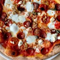 Pepperoni + Sausage Pizza · ricotta + fresh mozzarella + tomato + garlic + basil  (not available gluten free)