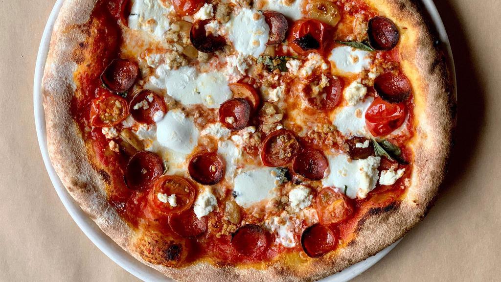 Pepperoni + Sausage Pizza · ricotta + fresh mozzarella + tomato + garlic + basil