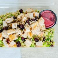 Chopped Grilled Chicken Quinoa Salad · Raw veg, cucumbers, red onion, dried cranberries, sunflower seeds and cranberry red wine dre...