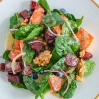 Antioxidant Salad With Cedar Plank Ora King Salmon · Roasted beets, blue berries, baby spinach, spiced walnuts, roasted shallot and apple cider v...