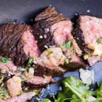 Hanger Steak · crispy marble potatoes | grilled spring onions | chimichurri