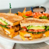 Wildflower Chicken Sandwich · Grilled chicken breast, cheddar cheese, grilled onions, avocado, lettuce, tomato, and mayo o...